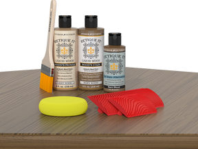 Retique It® Modern Walnut wood stain kit for fireplace mantels, showcasing rich walnut finish on wooden surface.