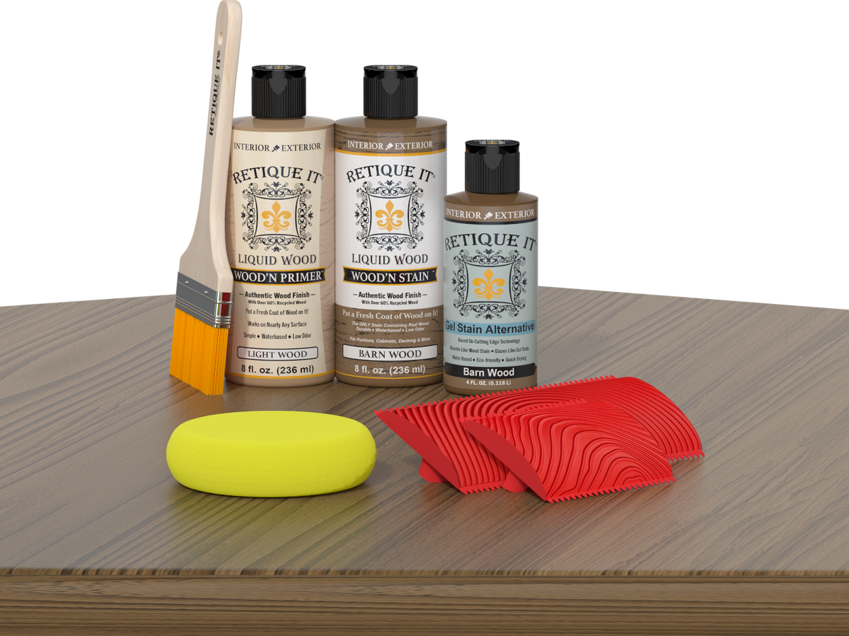 Retique It® Wood'n Finish Kit for tables in modern walnut stain, featuring natural wood tones and stain application tools.
