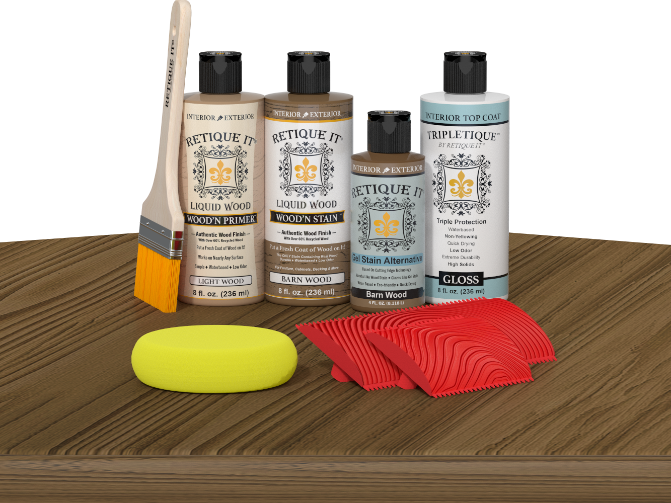 Retique It® Barn Wood Wood'n Kit with Light Wood primer, Barn Wood stain, Barn Wood gel stain alternative, Gloss Tripletique® Top Coat, brush, red graining tool, and yellow sponge.