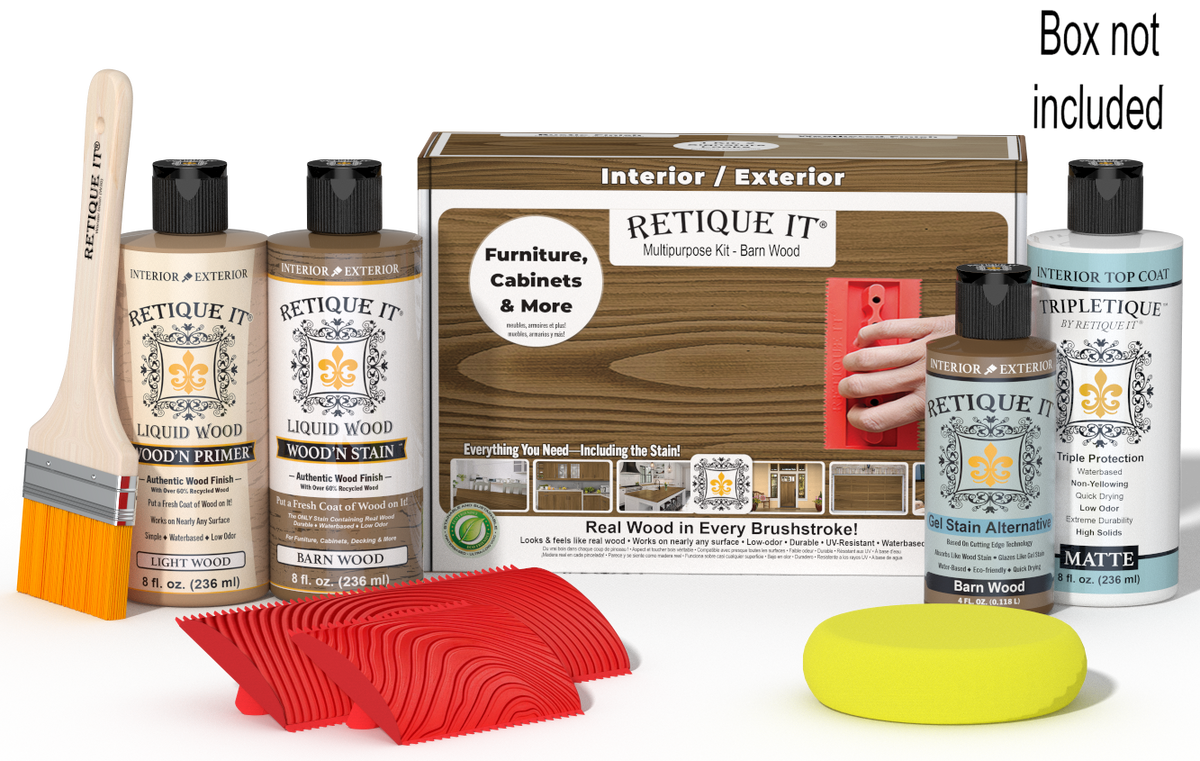 Retique It® Barn Wood Multipurpose Kit with Light Wood primer, Barn Wood stain, Barn Wood gel stain alternative, Matte Tripletique® Top Coat, brush, red graining tool, yellow sponge, and product box.