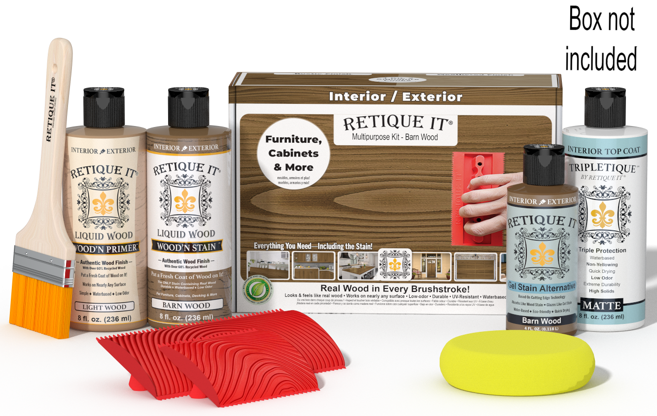 Retique It® Barn Wood Multipurpose Kit with Light Wood primer, Barn Wood stain, Barn Wood gel stain alternative, Matte Tripletique® Top Coat, brush, red graining tool, yellow sponge, and product box.