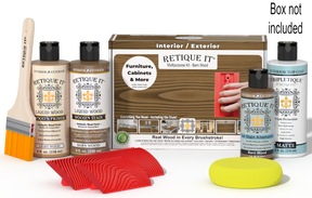 Retique It® Barn Wood Multipurpose Kit with Light Wood primer, Barn Wood stain, Barn Wood gel stain alternative, Matte Tripletique® Top Coat, brush, red graining tool, yellow sponge, and product box.