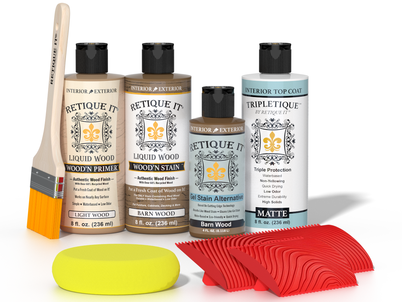 Retique It® Barn Wood Wood'n Kit with Light Wood primer, Barn Wood stain, Barn Wood gel stain alternative, Matte Tripletique® Top Coat, brush, red graining tool, and yellow sponge.