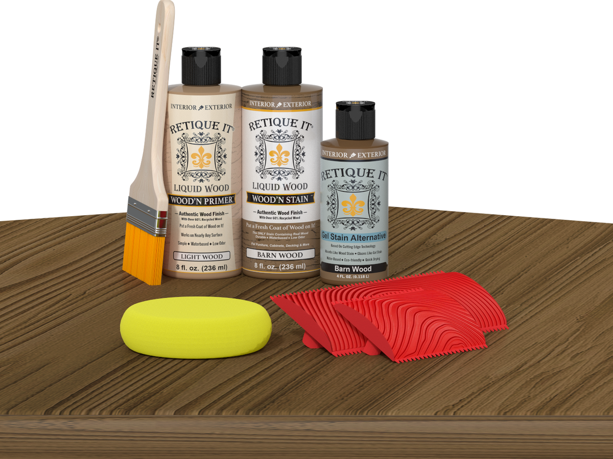 Retique It Wood'n Finish Kit in Barn Wood on table, showcasing multi-purpose wood finishing kit with rustic wood appearance.