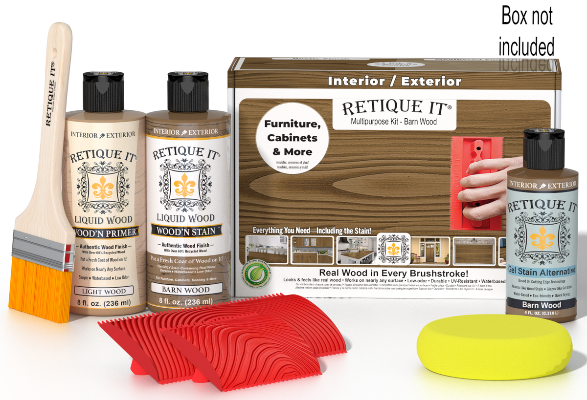 Retique It Wood'n Finish Kit in Barn Wood with applicator brush and finishing supplies for multi-purpose wood finishing.