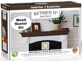 Retique It® Wood'n Finish Kit in Black Walnut stain, featuring a wooden box with stain bottles and application tools.
