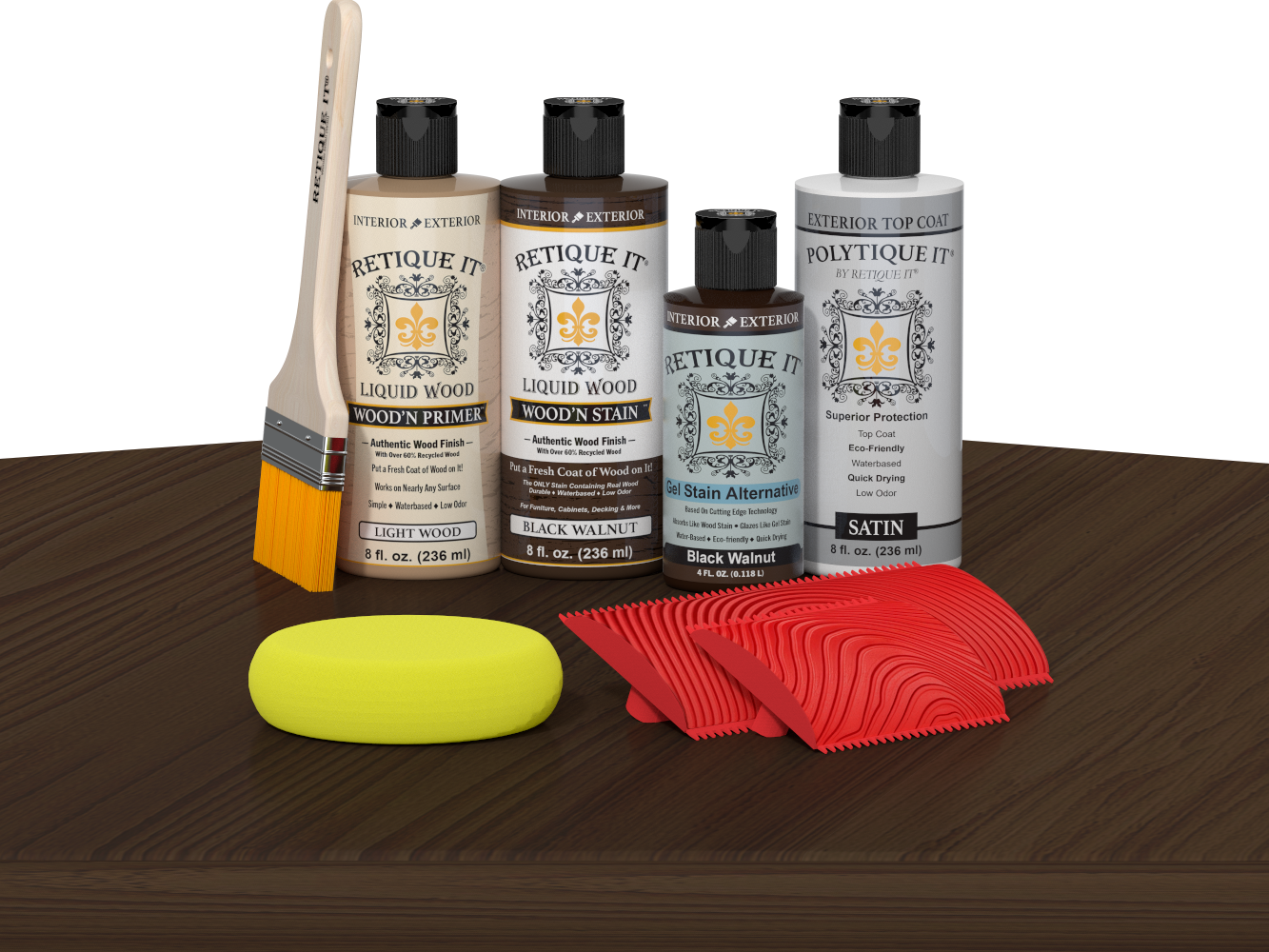 Black Walnut Wood'n Finish Kit from Retique It® with exterior top coat, displayed on a table for multi-purpose wood finishing.