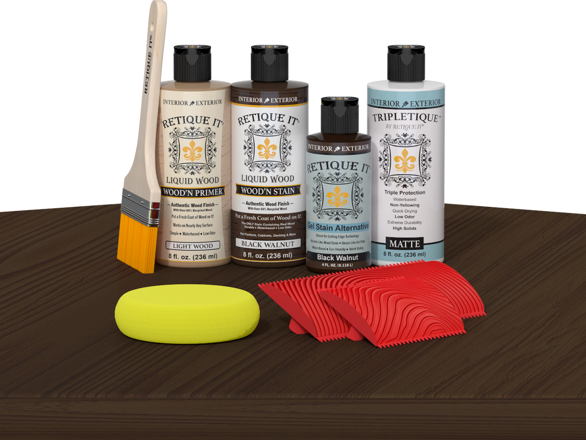 Retique It® Wood'n Finish Kit in Black Walnut stain, showing a tabletop with a smooth, finished wood surface and stain application.