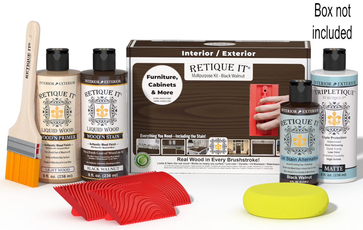 Retique It® Wood'n Kit in Black Walnut for interior top coat, showing the kit components and black walnut wood finish.