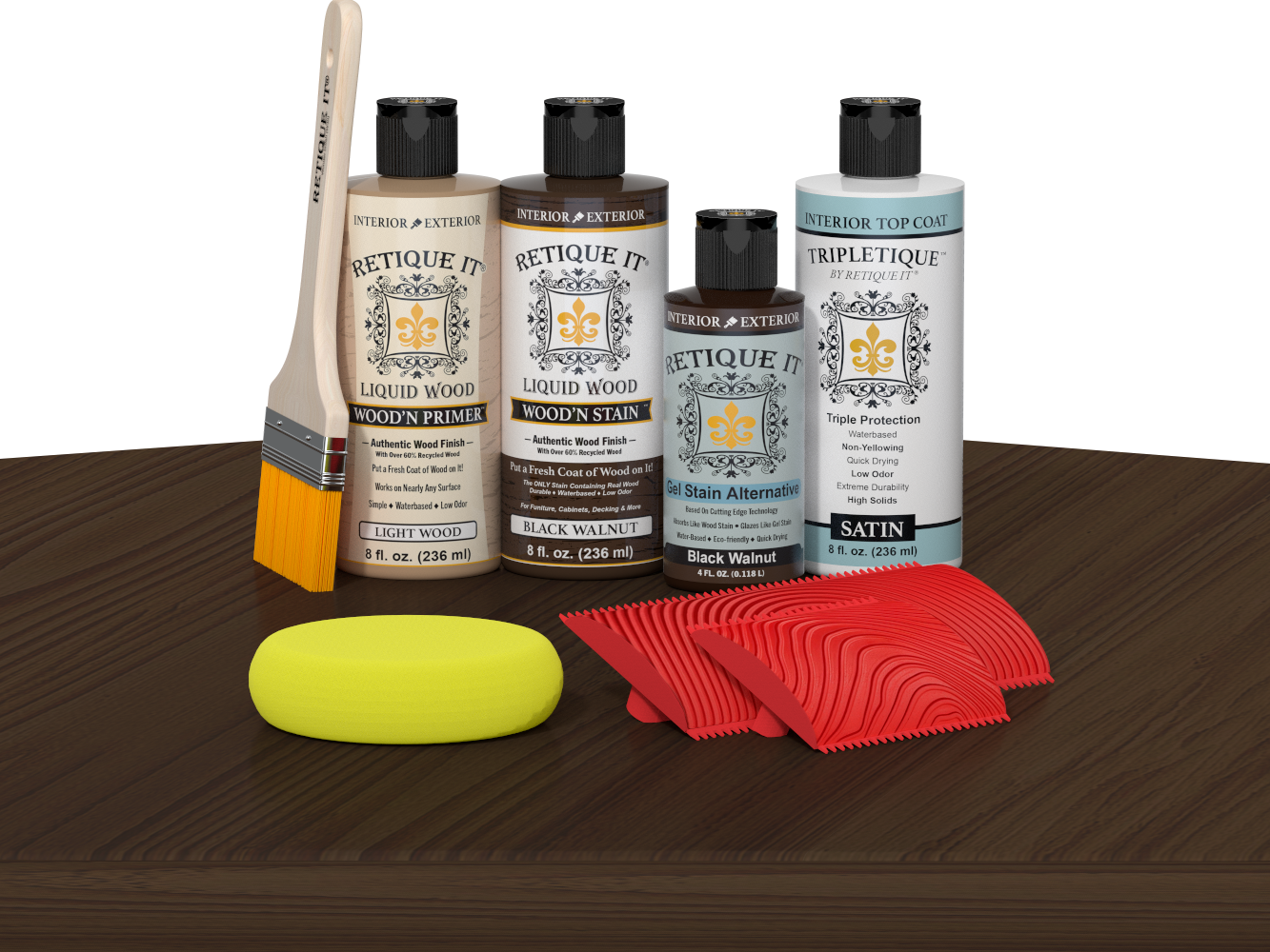 Retique It® Black Walnut Wood'n Kit with Light Wood primer, Black Walnut stain, Black Walnut gel stain alternative, Satin Tripletique® Top Coat, brush, red graining tool, and yellow sponge.