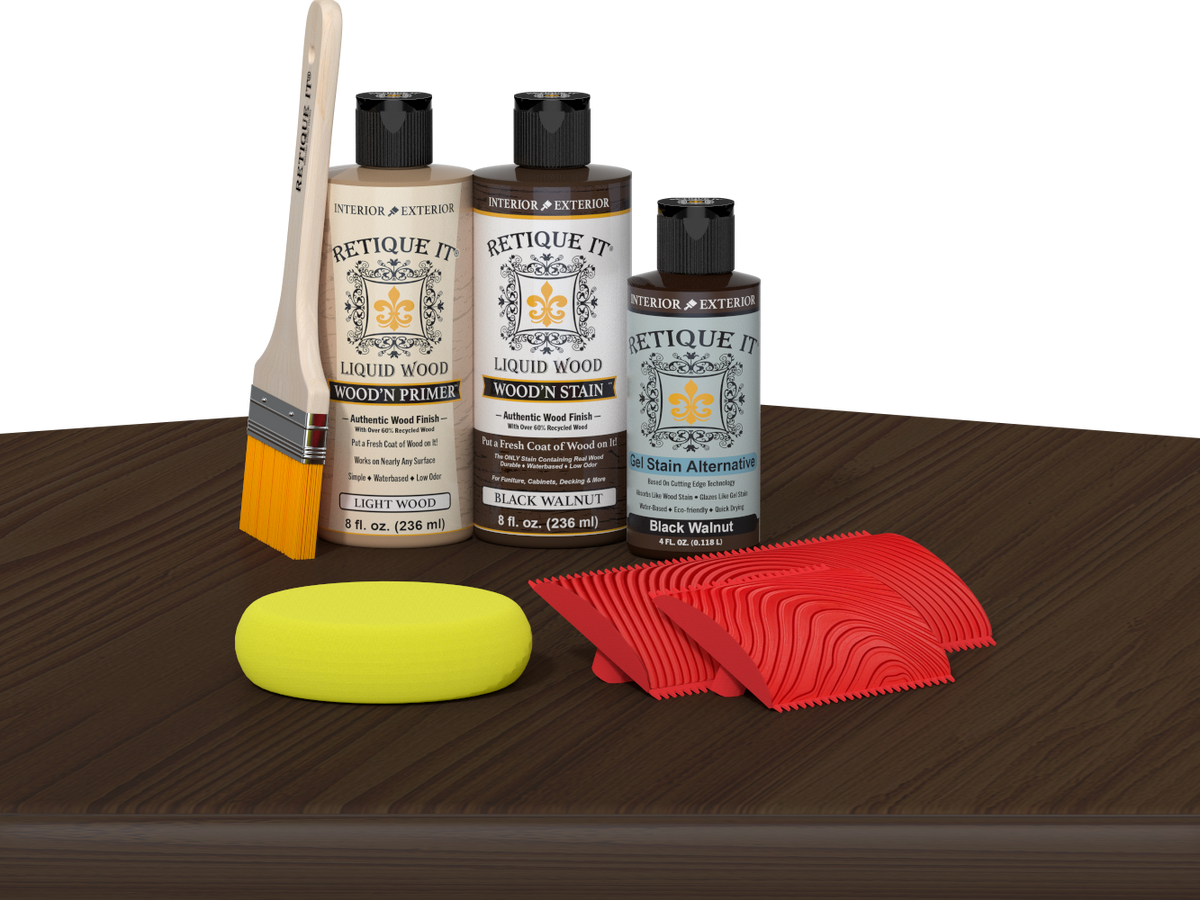Black Walnut Wood'n Finish Kit from Retique It® on table, multi-purpose wood finishing set with tools and products for wood projects.