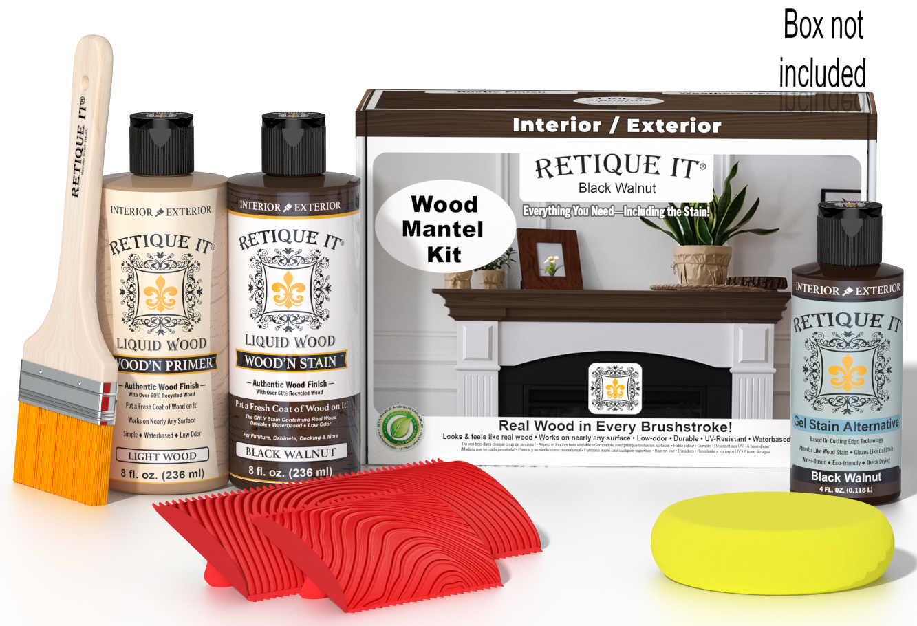 Retique It® Black Walnut wood stain kit for fireplace mantels, featuring a wooden box and stain samples.