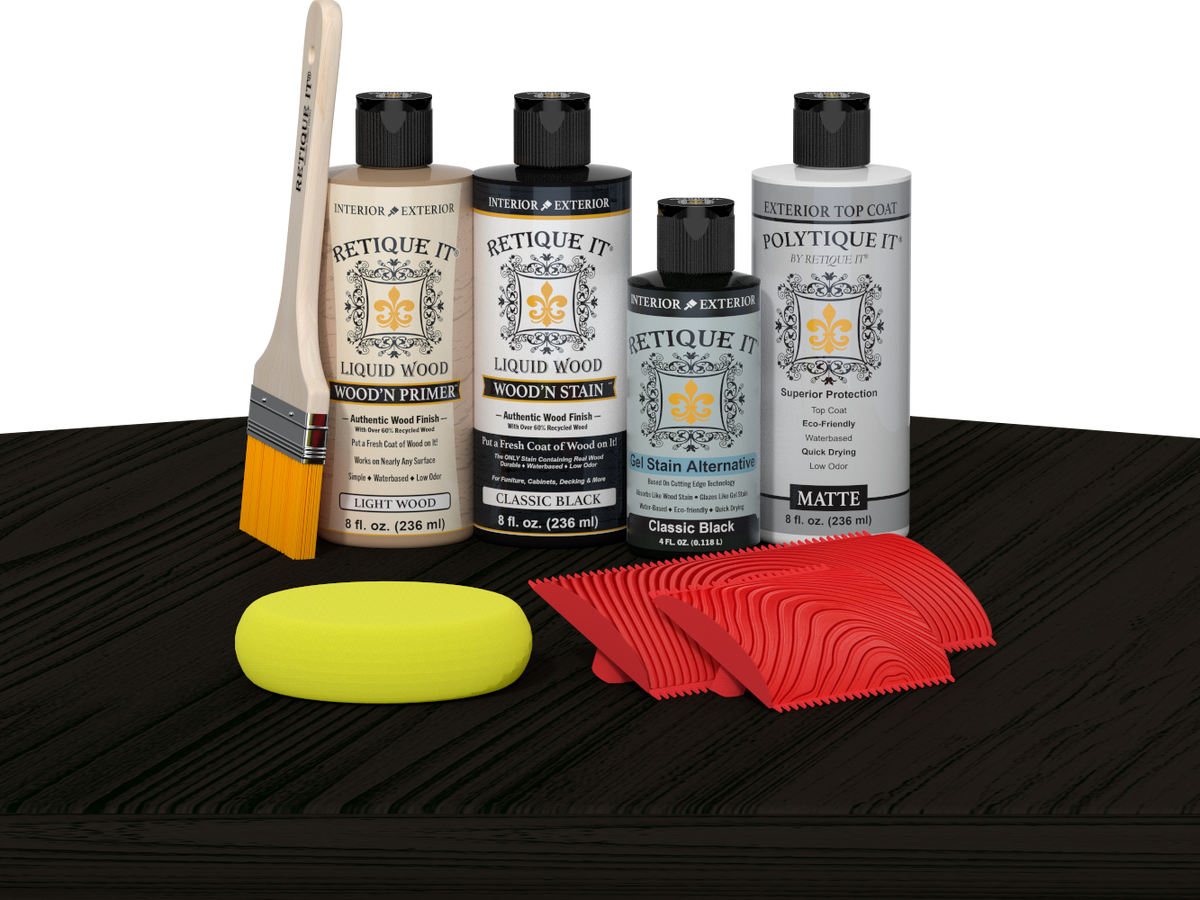Retique It® Wood'n Finish Kit in Classic Black with exterior top coat, shown on table for multi-purpose wood finishing.