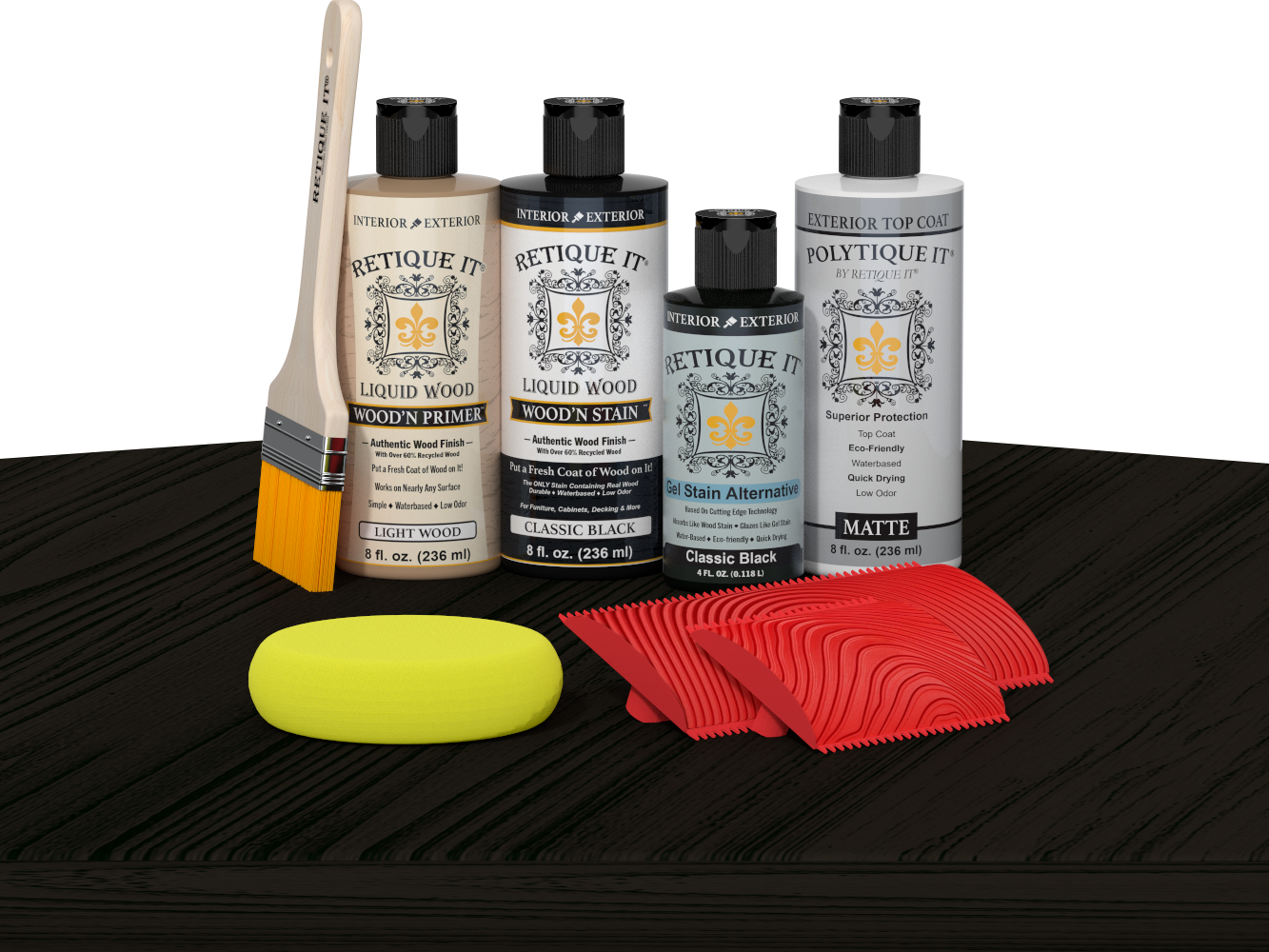 Retique It® Wood'n Finish Kit in Classic Black with exterior top coat, shown on table for multi-purpose wood finishing.