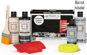 Retique It® Wood'n Finish Kit in Classic Black for exterior top coating, includes wood finishing supplies and tools.