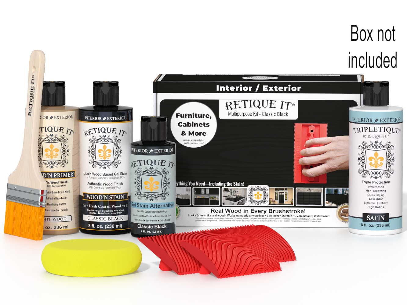 Retique It® Wood'n Finish Kit in Classic Black, interior top coat for wood furniture, shown in the box with application tools.