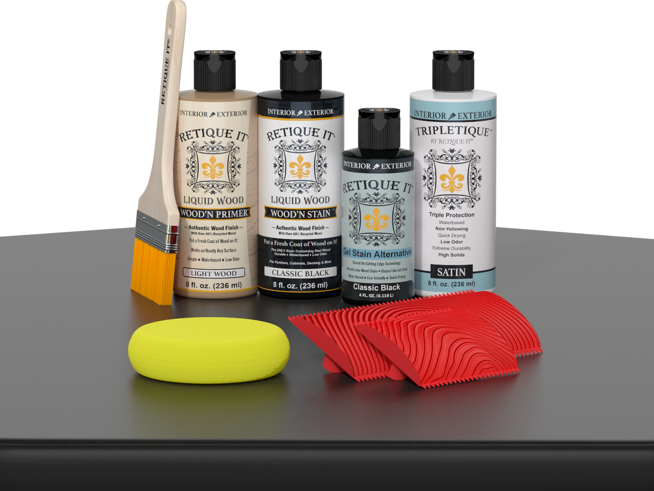 Retique It® Wood'n Finish Kit in classic black, interior top coat applied to a wooden table, showing smooth, sleek black finish.