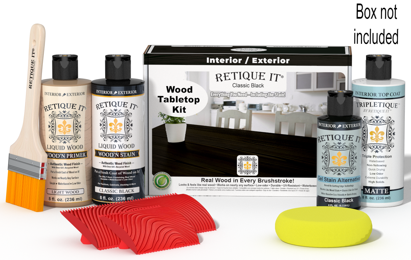 Retique It® Classic Black Wood Tabletop Kit with Light Wood primer, Classic Black stain, Classic Black gel stain alternative, Matte Tripletique® Top Coat, brush, red graining tool, yellow sponge, and product box.