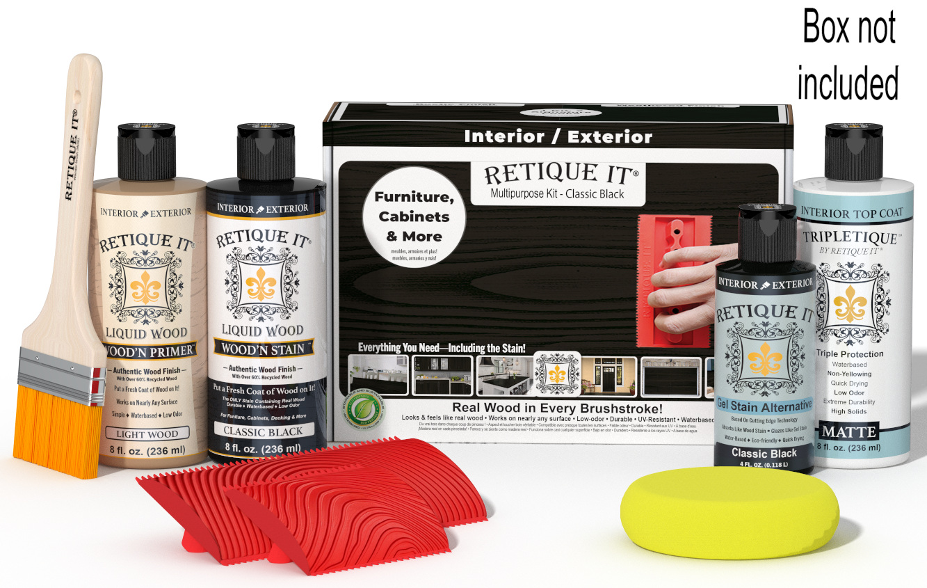 Retique It® Classic Black Multipurpose Kit with Light Wood primer, Classic Black stain, Classic Black gel stain alternative, Matte Tripletique® Top Coat, brush, red graining tool, yellow sponge, and product box.