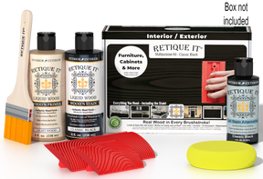 Retique It® Wood'n Kit Classic Black finish set with brushes and instructions for multi-purpose wood finishing.