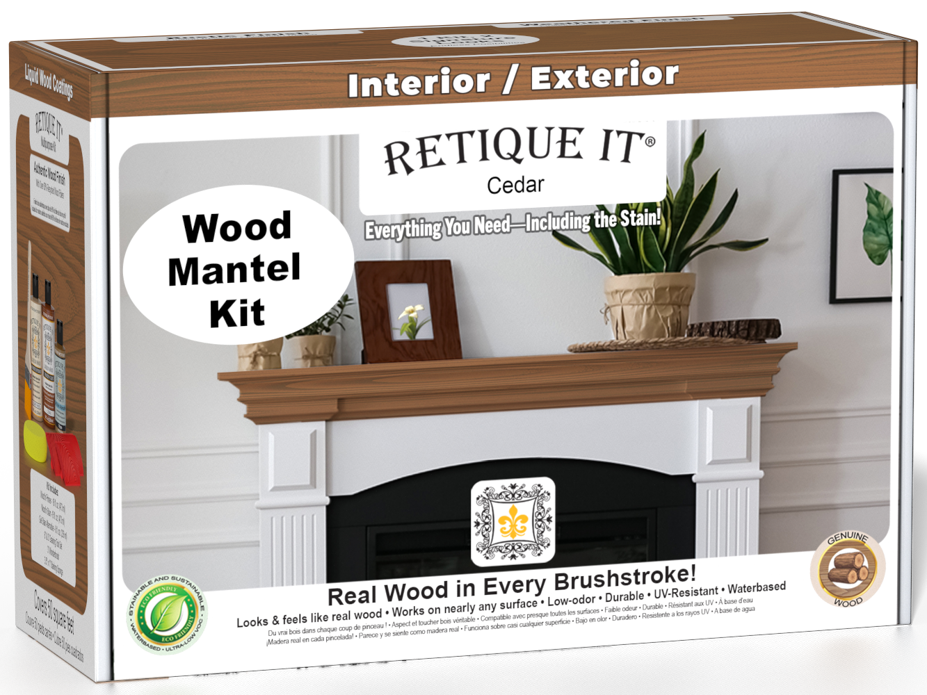 Retique It® Cedar Wood'n Finish Kit for fireplace mantels, includes stain and application tools, showcasing the finished cedar wood mantel.