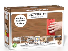 Retique It® Wood'n Finish Kit in cedar wood tone, multi-purpose finishing kit with brush and accessories, for woodworking projects.