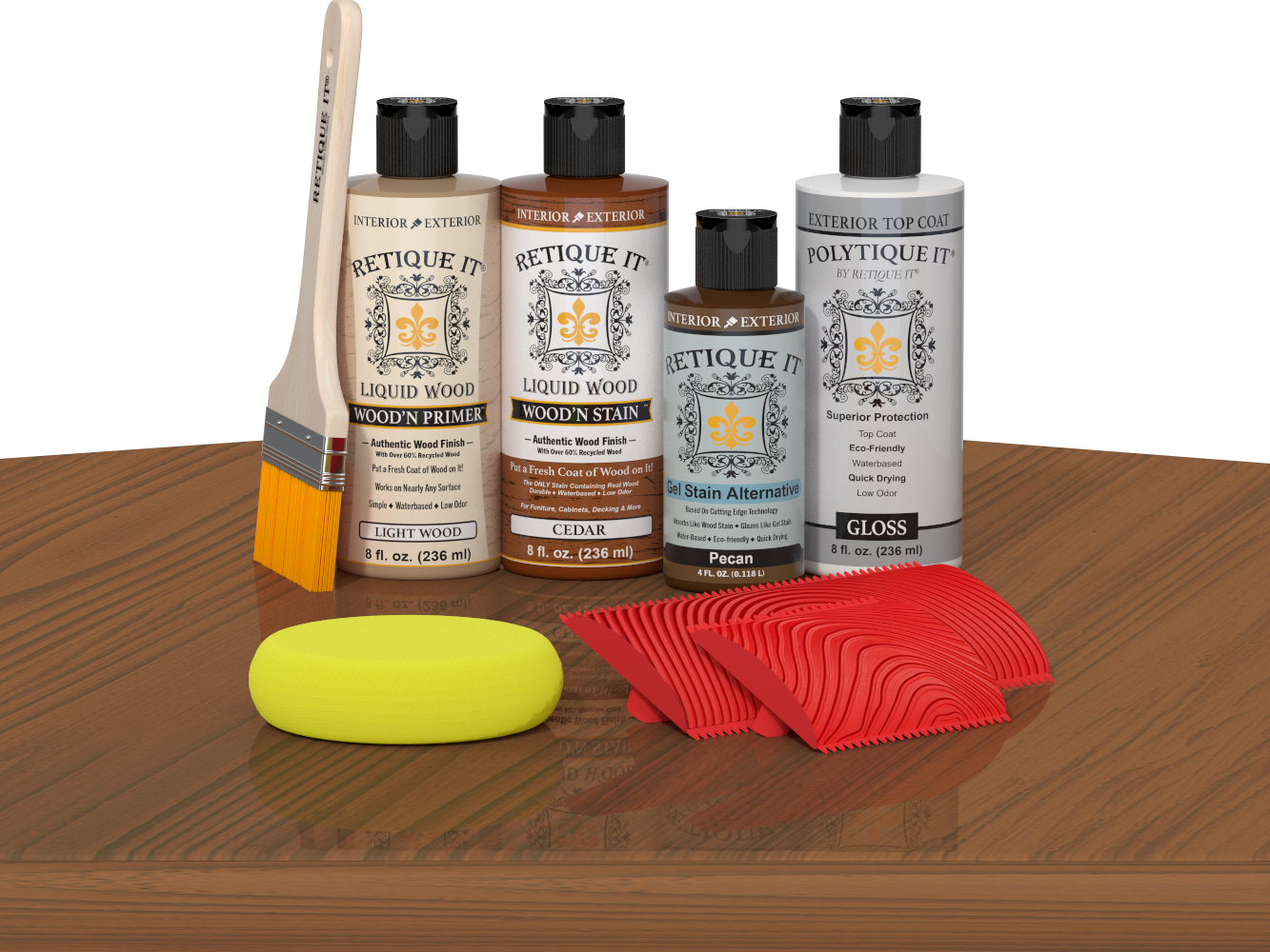 Retique It® Wood'n Kit Cedar exterior top coat on a table, featuring a multi-purpose wood finish set with brush and product containers.