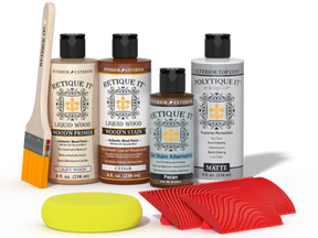 Retique It® Wood'n Finish Kit in cedar color, exterior top coat for multi-purpose wood projects, displayed in a palette with application tools.