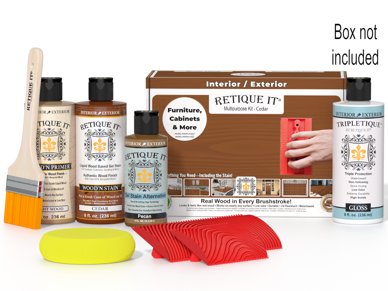 Retique It® Wood'n Kit Cedar interior top coat with wood finish, shown in box with wood sample and application tools.