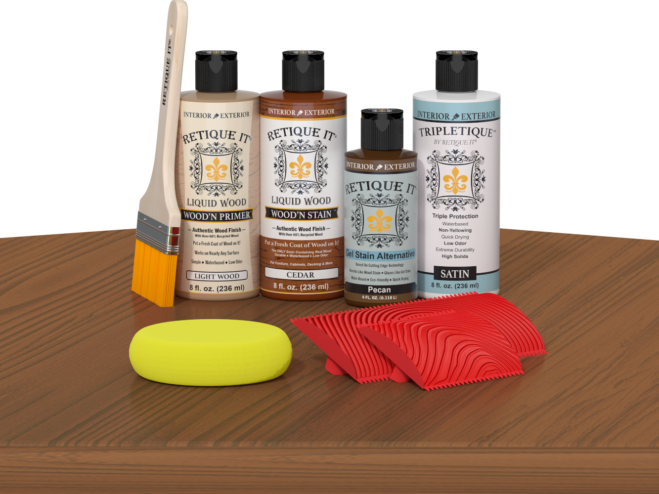 Retique It® Wood'n Finish Kit in Cedar stain displayed on a table, showcasing the wood stain product for furniture finishing.