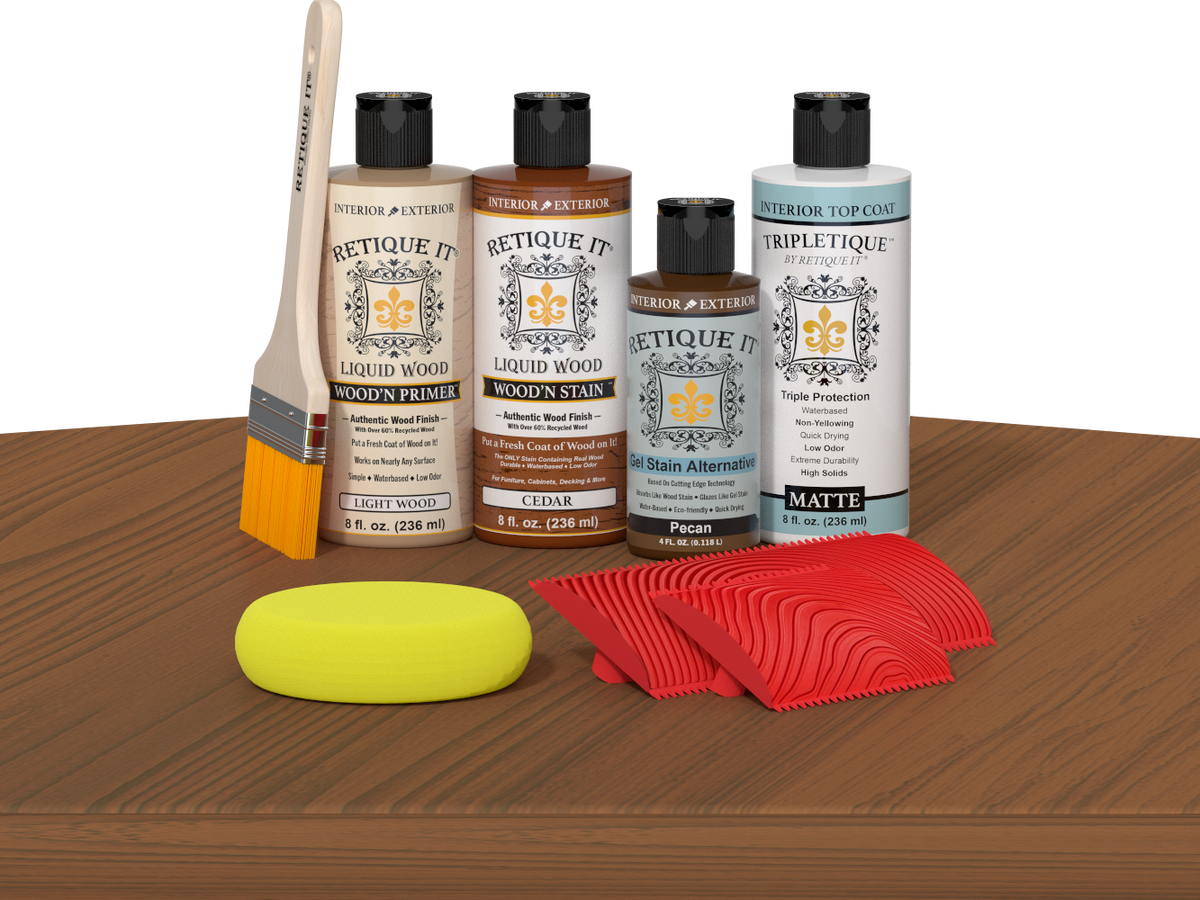Retique It® Cedar Wood'n Kit with Matte TripleTique® includes a brush, Light Wood primer, Cedar stain, Pecan Gel Stain Alternative, Matte TripleTique® top coat, a yellow sponge, and a red graining tool.