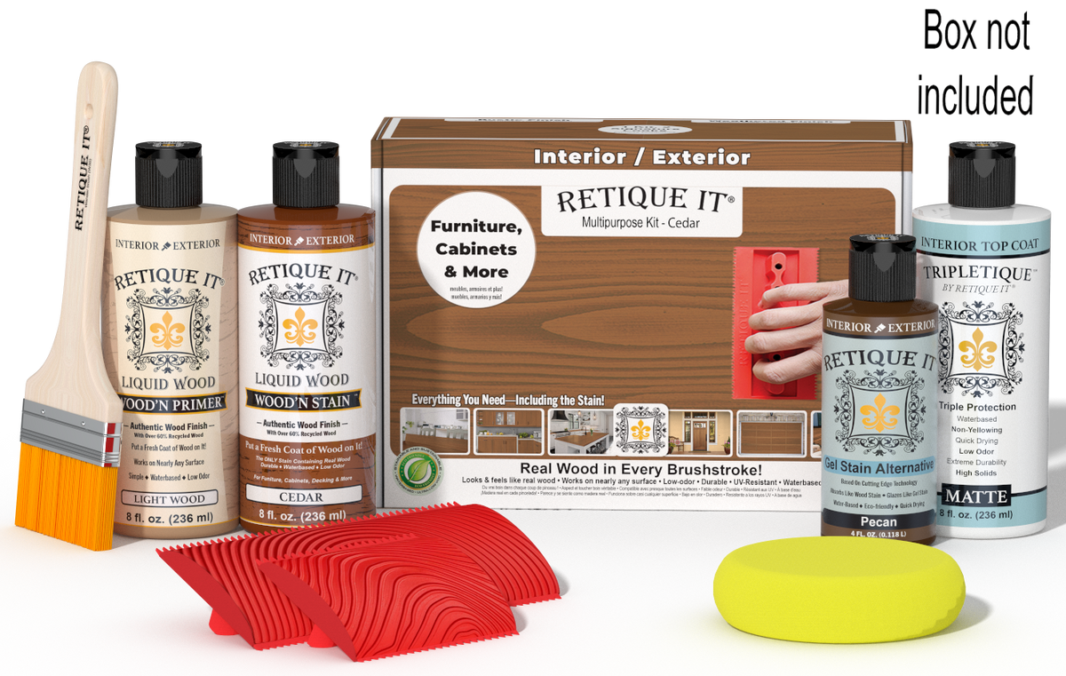 Retique It® Cedar Wood'n Kit with Matte TripleTique® shown with the Cedar Multipurpose Kit box, brush, Light Wood primer, Cedar stain, Pecan Gel Stain Alternative, Matte TripleTique® top coat, a yellow sponge, and a red graining tool.