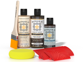 Retique It® Wood'n Finish Kit in Charcoal stain shown on a fireplace mantel, demonstrating the wood stain application and color.