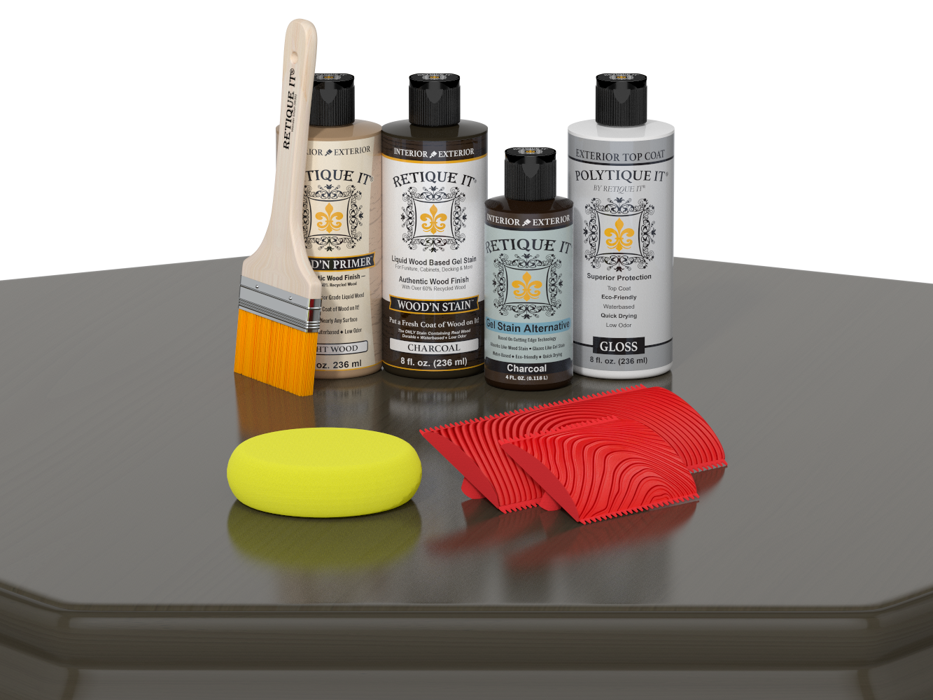 Retique It® Wood'n Finish Kit in charcoal for exterior wood surfaces, showing a table with the kit's top coat and application tools.