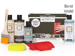 Retique It® Wood'n Finish Kit in charcoal, interior top coat for wood surfaces, shown in the box with application tools.