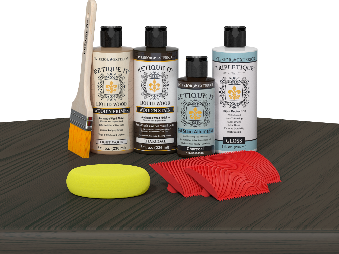 Retique It® Wood'n Finish Kit in Charcoal stain applied to a tabletop, showcasing a wood finish for furniture projects.