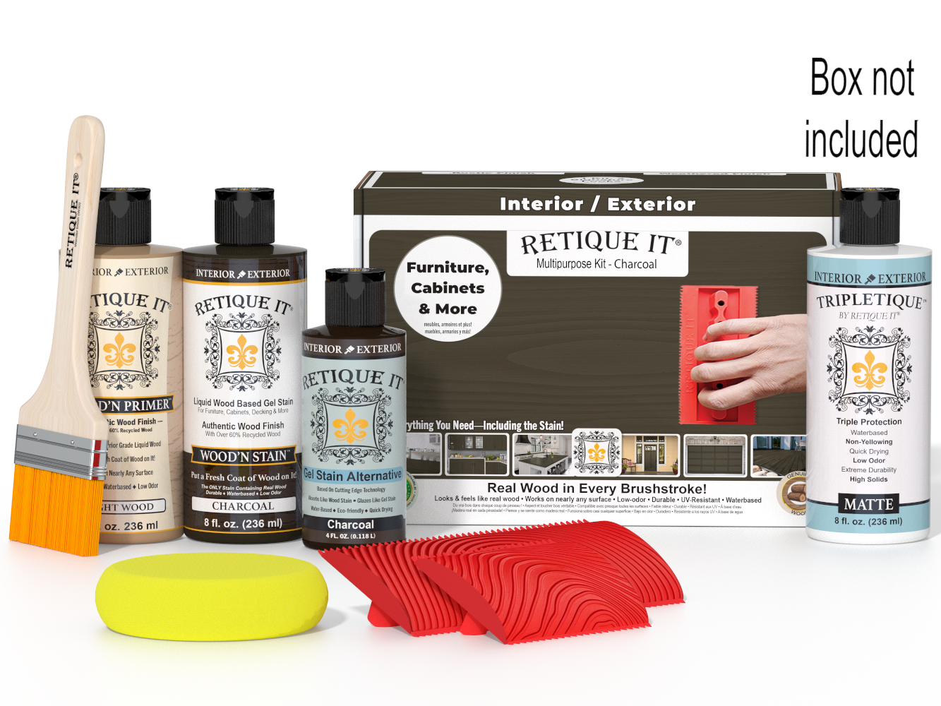 Retique It® Wood'n Finish Kit in Charcoal for interior wood projects, includes top coat and application accessories.