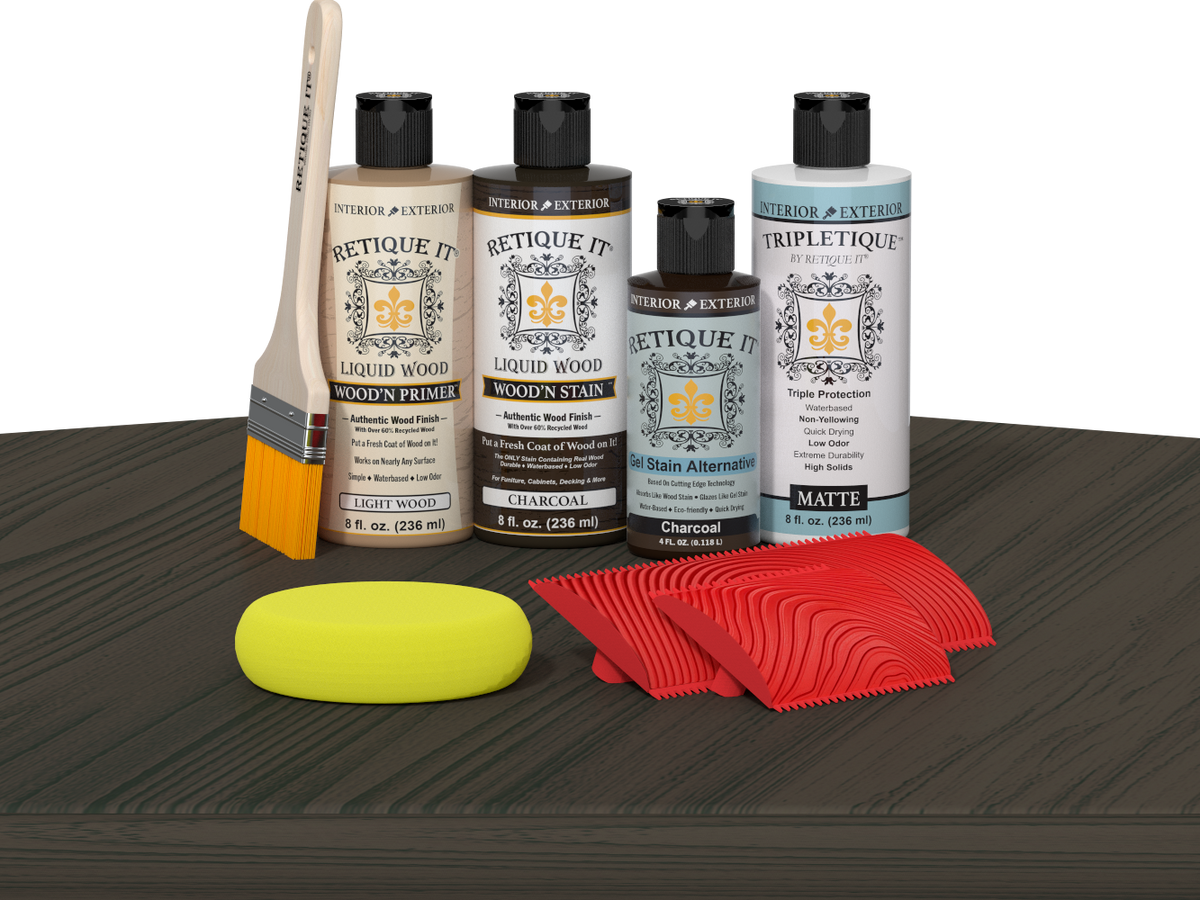 Retique It® Wood'n Finish Kit in Charcoal for tabletops, featuring stain bottles and applicators on a wooden surface.