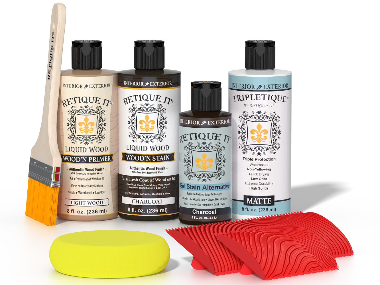 Retique It® Wood'n Finish Kit in Charcoal for tabletops, featuring stain bottles and application tools on a wooden surface.