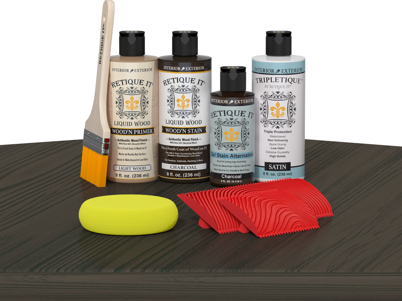 Retique It® Wood'n Finish Kit in Charcoal stain applied on a tabletop, showcasing a dark, smooth wood finish for furniture projects.