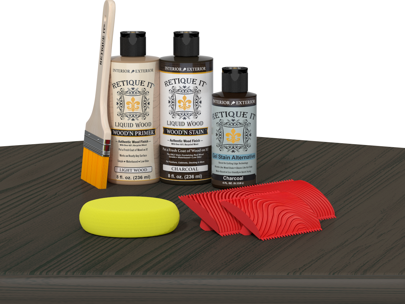 Retique It® Fireplace Mantel Wood'n Finish Kit in Charcoal stain, showing wood sample with dark charcoal-colored finish.