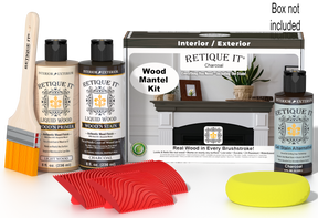Retique It® Wood'n Finish Kit in Charcoal stain for fireplace mantels, includes stain and application tools, shown in box.