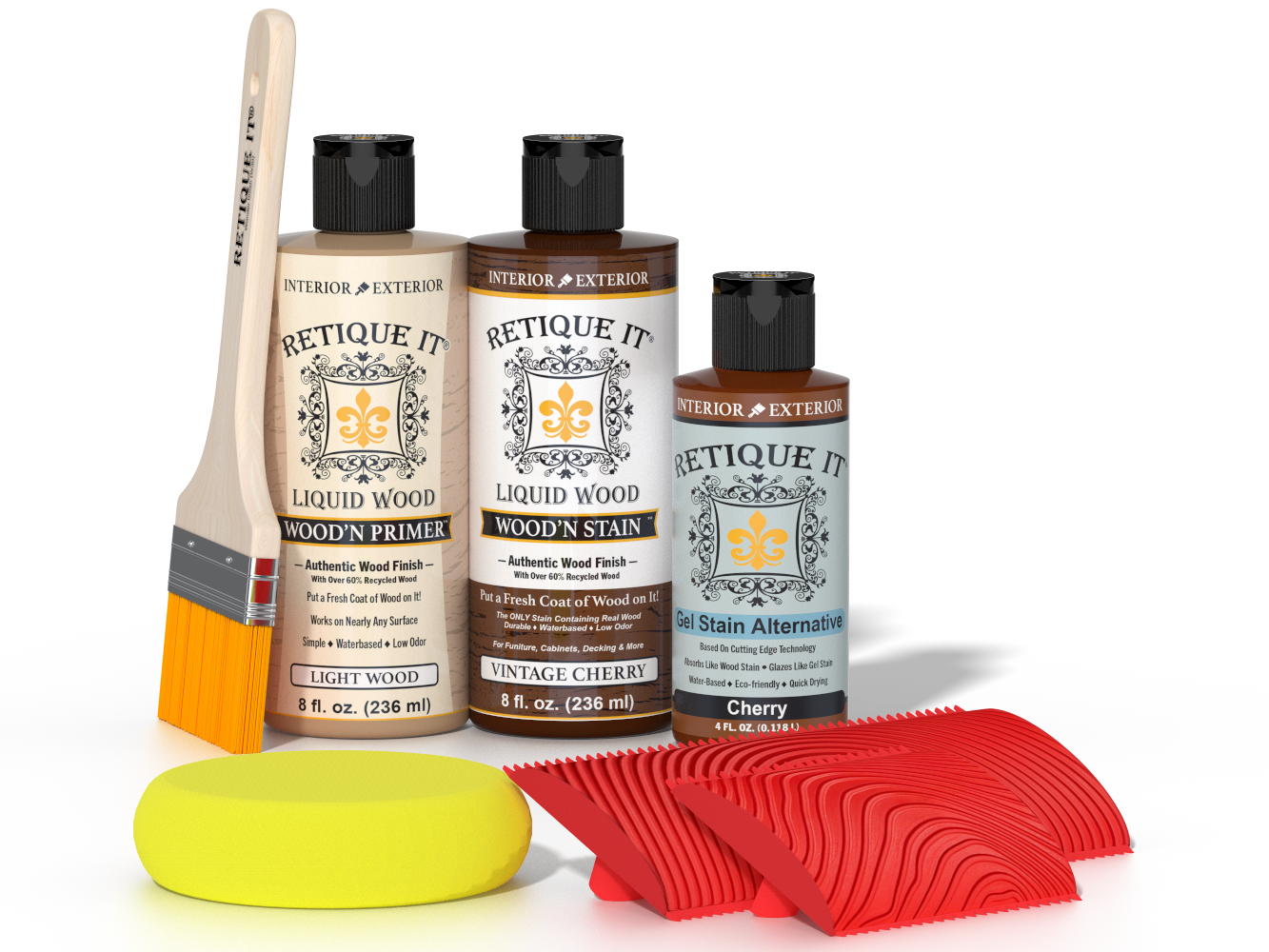 Vintage Cherry Wood'n Finish Kit by Retique It® for multi-purpose wood finishing, shown in a 3D rendering.