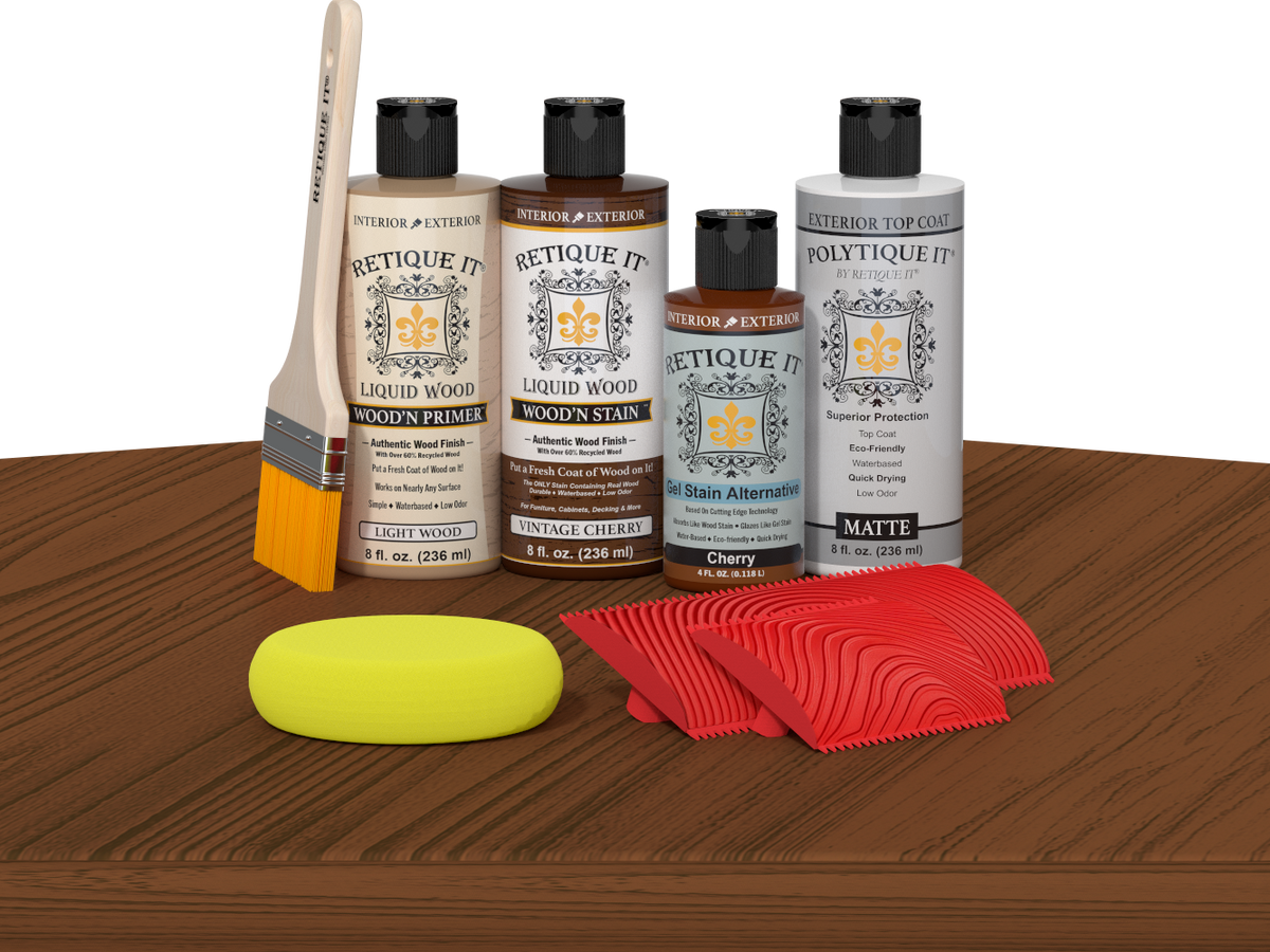 Retique It® Wood'n Finish Kit in Vintage Cherry with exterior top coat on a table, showcasing the multi-purpose wood finishing set.