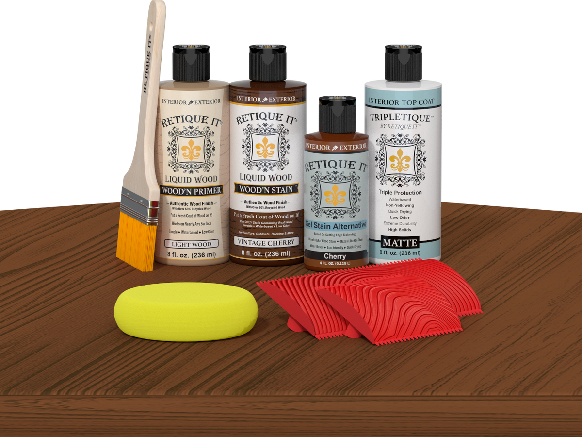 Retique It® Vintage Cherry Wood'n Kit with Light Wood primer, Vintage Cherry stain, Cherry gel stain alternative, Matte Tripletique® Top Coat, brush, red graining tool, and yellow sponge.