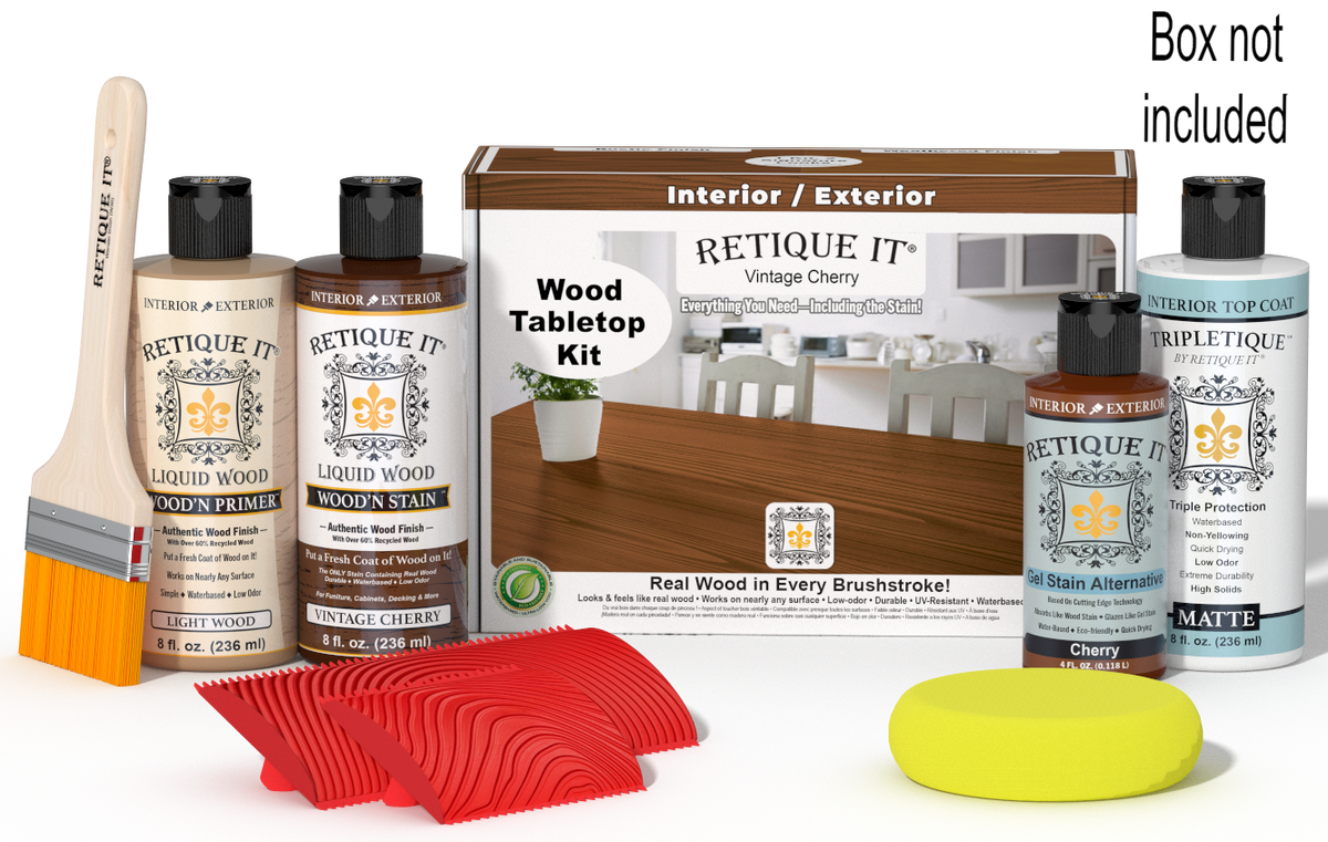 Retique It® Vintage Cherry Wood Tabletop Kit with Light Wood primer, Vintage Cherry stain, Cherry gel stain alternative, Matte Tripletique® Top Coat, brush, red graining tool, yellow sponge, and product box.