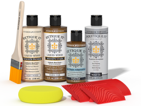 Retique It® Wood'n Finish Kit in Dark Oak for exterior top coat, showing wood finishing tools and dark oak wood sample.