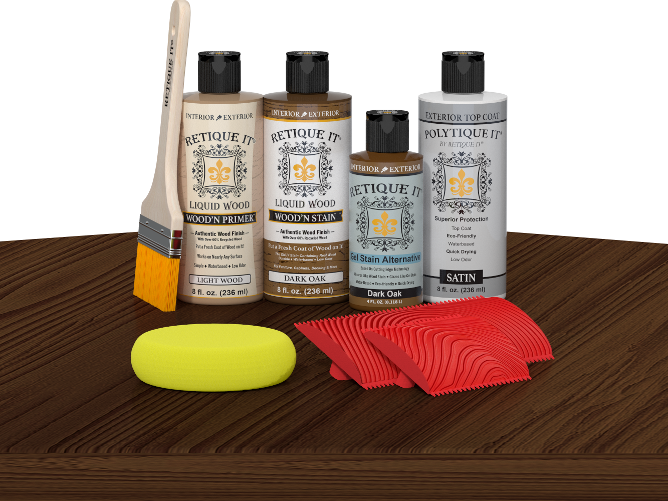 Retique It® Wood'n Kit in Dark Oak with exterior top coat, featuring wood finish and application tools on a table.