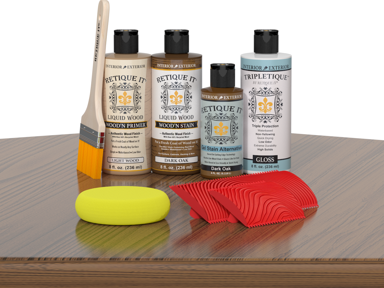 Retique It® Wood'n Finish Kit in Dark Oak, interior top coat applied to a wooden table, showcasing a rich dark oak finish.