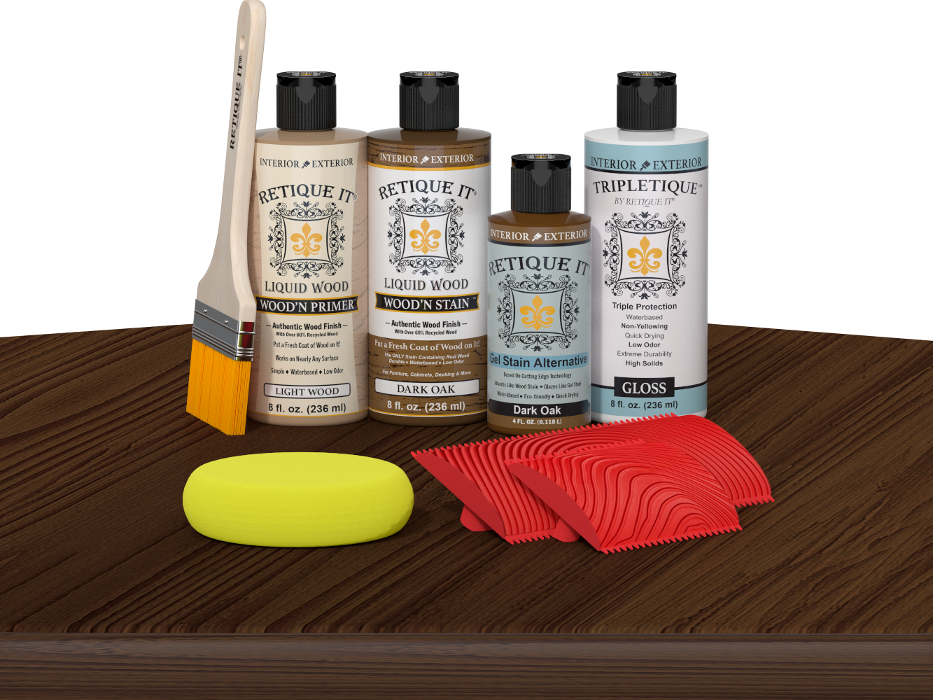 Retique It® Wood'n Finish Kit in Dark Oak stain displayed on a table, showcasing the wood finish application for furniture.